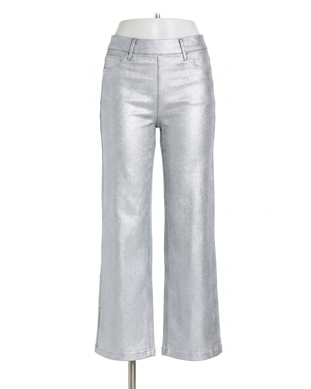 NEW LYSSE women's metallic coated wide leg denim jean in silver